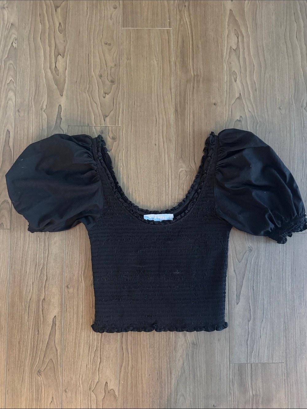 Hill House Black Puff-Sleeve Smocked Crop